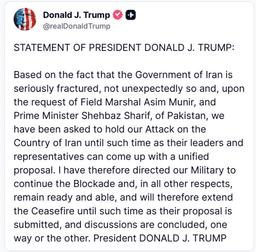 Trump says ceasefire with Iran will extend until Tehran submits proposals