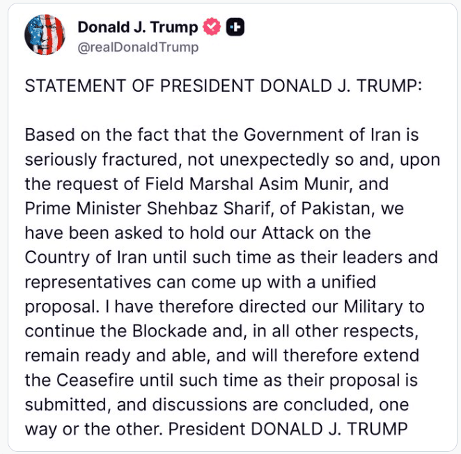 Trump says ceasefire with Iran will extend until Tehran submits proposals