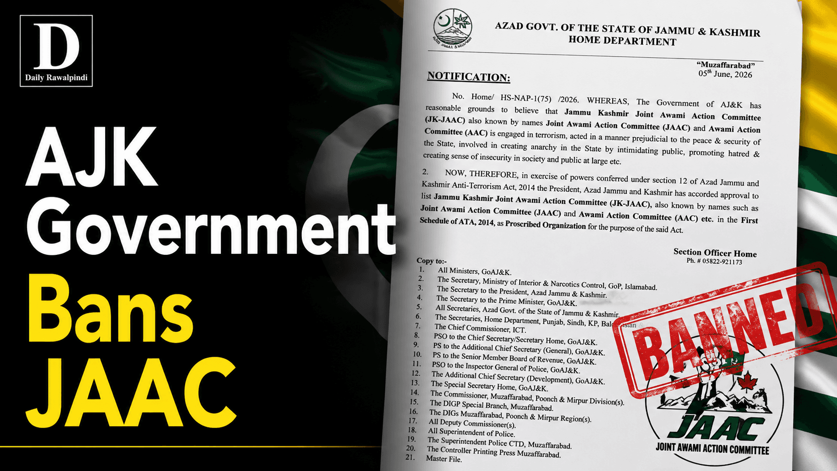 AJK Government Bans JAAC, Declares Group a Proscribed Organisation Ahead of Planned Strike